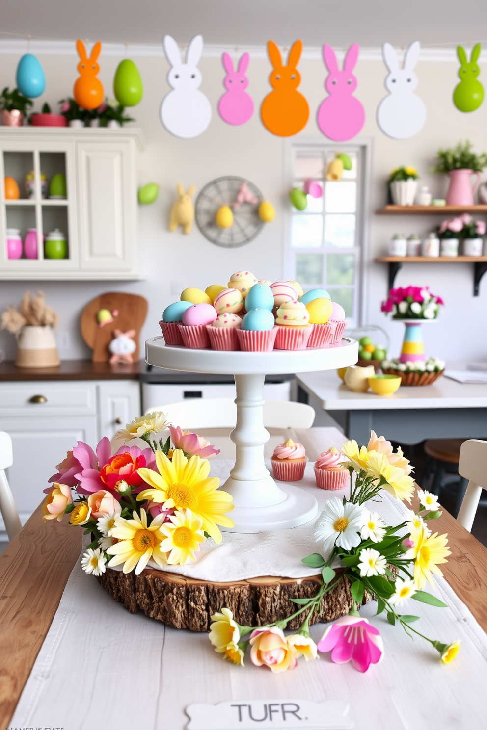 A beautifully arranged cake stand displays an assortment of colorful Easter treats including decorated eggs and pastel cupcakes. The stand is set on a rustic wooden table adorned with a light linen tablecloth and surrounded by fresh spring flowers in soft hues. The kitchen features cheerful Easter decorations such as garlands made of paper eggs and bunnies hanging above the countertops. Brightly colored dishware and festive centerpieces add to the joyful ambiance of the space.