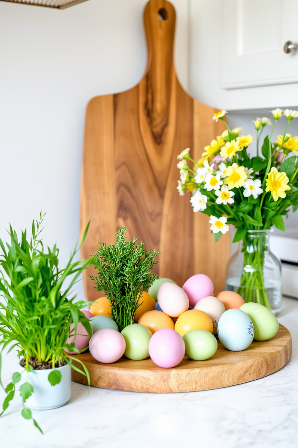 A beautiful kitchen display featuring a large wooden cutting board as the centerpiece. Surrounding the board are colorful Easter eggs in pastel shades, fresh herbs in small pots, and a bouquet of spring flowers in a vase.