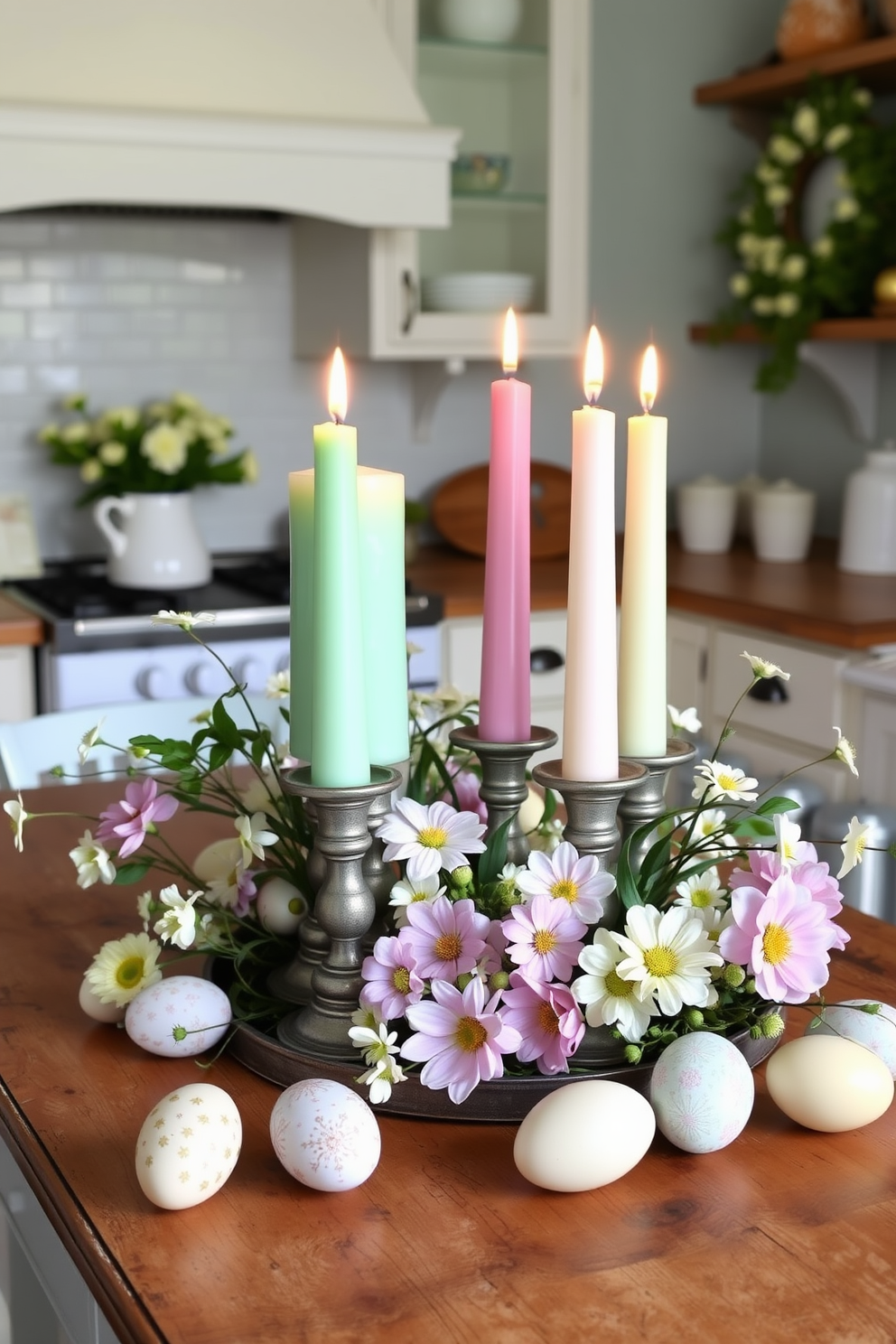 A decorative cake stand is beautifully arranged with an assortment of colorful Easter treats including cupcakes, cookies, and chocolate bunnies. The cake stand is placed on a rustic wooden table adorned with pastel-colored tableware and fresh spring flowers for a festive touch.