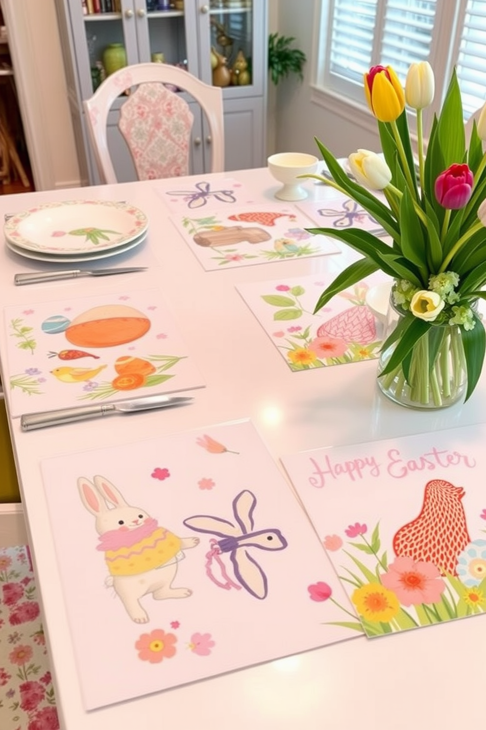 Festive placemats featuring Easter motifs adorn a beautifully set dining table. Each placemat showcases vibrant illustrations of Easter eggs, bunnies, and spring flowers, adding a cheerful touch to the decor. The table is further enhanced with pastel-colored dinnerware and fresh tulips in a vase. Soft, ambient lighting creates a warm and inviting atmosphere perfect for celebrating the holiday.