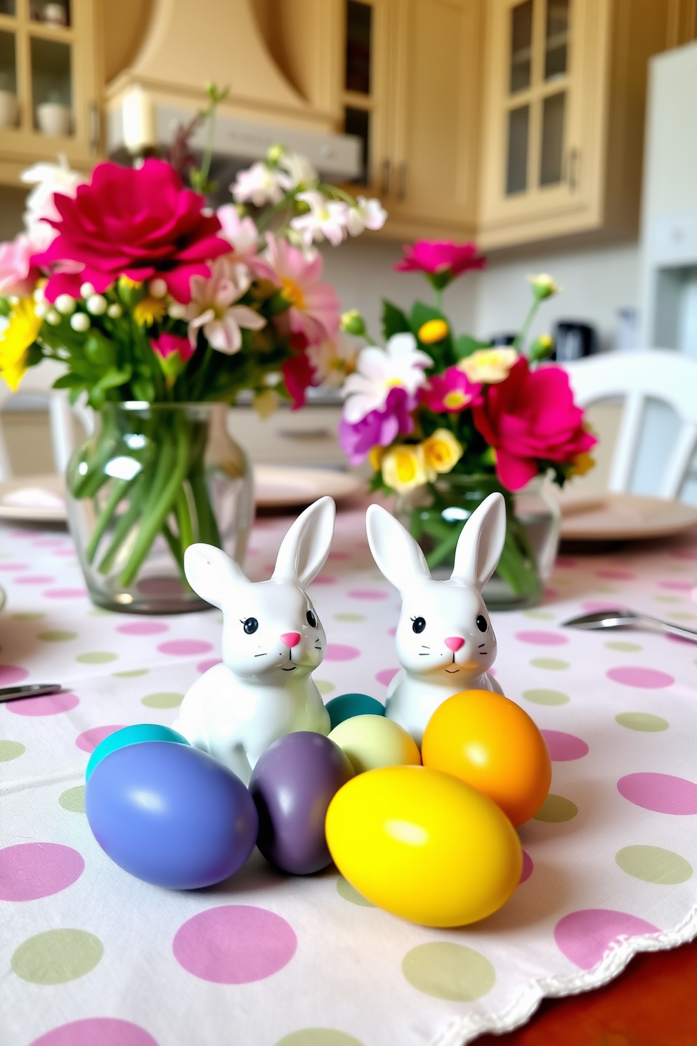 A vibrant floral centerpiece featuring an array of spring blooms including tulips, daffodils, and hyacinths is placed on a rustic wooden table. Surrounding the centerpiece are pastel-colored dinnerware and delicate napkins that enhance the festive atmosphere of the kitchen. Decorative elements such as bunny figurines and colorful eggs are strategically arranged on open shelves and countertops. Soft, natural light filters through sheer curtains, creating a warm and inviting space perfect for Easter celebrations.