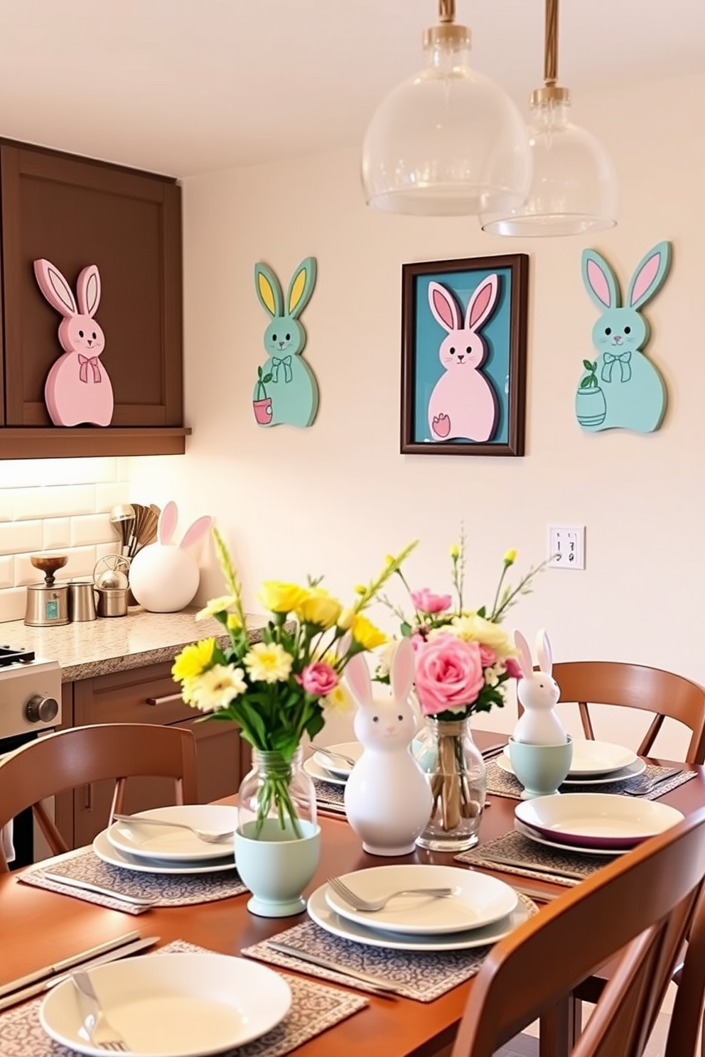 Whimsical bunny wall art decorations adorn the kitchen walls, bringing a playful and festive atmosphere to the space. The art features vibrant colors and charming designs, creating a cheerful focal point that enhances the Easter theme. Incorporate pastel-colored tableware and floral centerpieces to complement the bunny decorations. Soft lighting and playful accents like bunny-shaped utensils complete the delightful Easter decorating ideas for the kitchen.