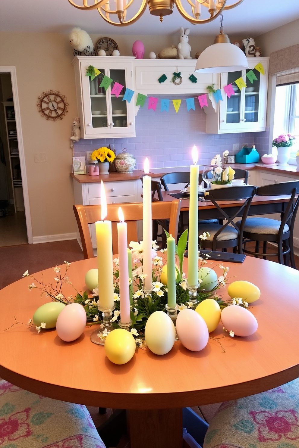 A beautifully arranged dining table features several egg-shaped candles in varying pastel colors. Surrounding the candles are delicate floral arrangements and festive Easter-themed decor, creating a warm and inviting atmosphere. The kitchen is adorned with cheerful Easter decorations, including colorful bunting and playful table settings. A centerpiece of egg-shaped candles adds a touch of elegance, enhancing the festive spirit of the space.