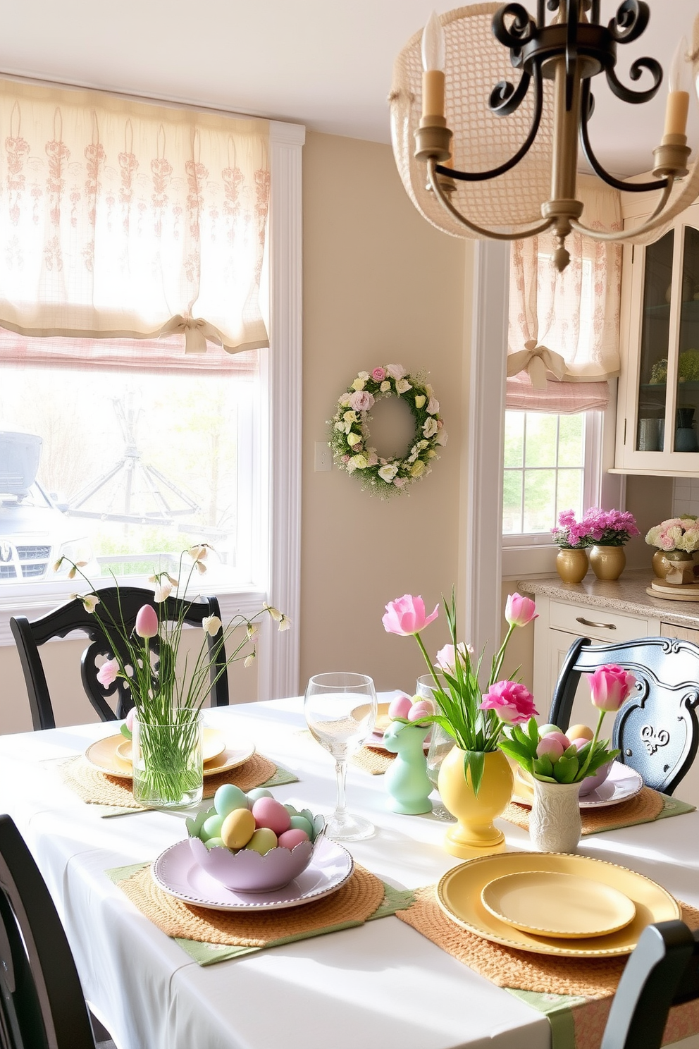 A collection of miniature gardens arranged in decorative containers of various shapes and sizes. Each container features vibrant green plants and colorful flowers, creating a lively and inviting atmosphere. A beautifully decorated kitchen for Easter featuring pastel colors and seasonal decor. The countertops are adorned with decorative eggs, spring flowers, and charming bunny figurines, enhancing the festive spirit.