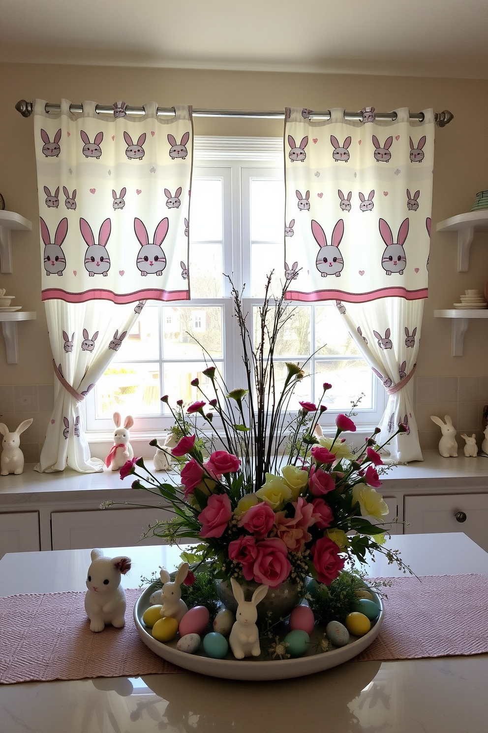 A charming dining table is adorned with a seasonal tablecloth featuring playful bunny patterns in soft pastel colors. Surrounding the table are mismatched chairs, each draped with a light fabric, creating a cozy and inviting atmosphere for Easter celebrations.