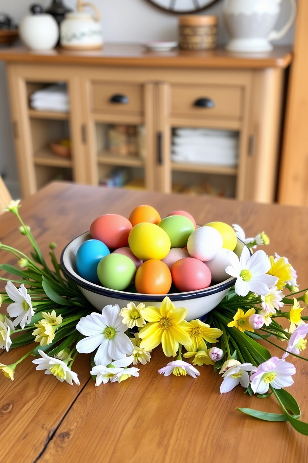 A vibrant bowl filled with colorful painted eggs sits at the center of a rustic wooden kitchen table. Surrounding the bowl are fresh spring flowers in pastel shades, adding a cheerful touch to the Easter decorating theme.