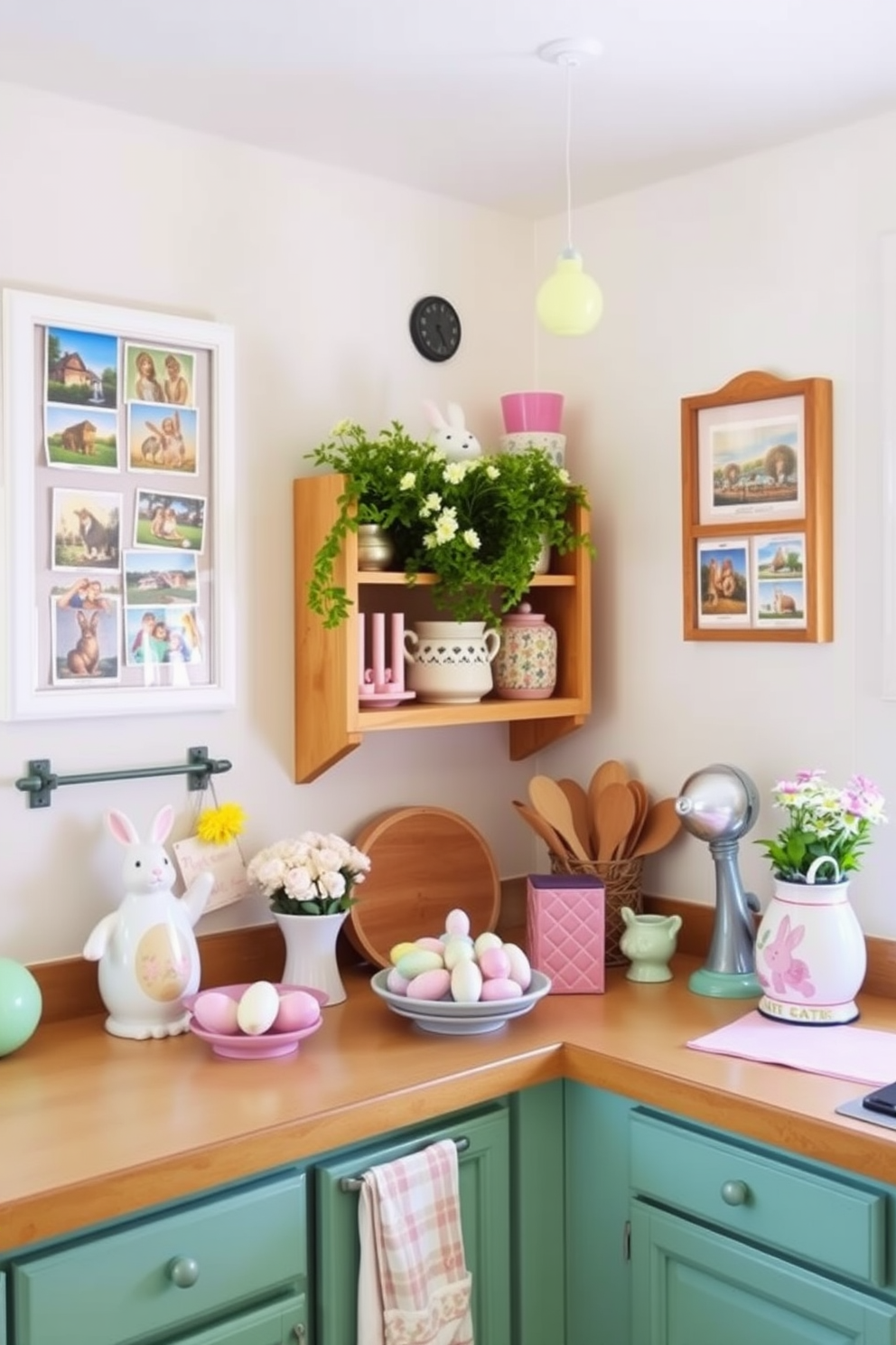 A charming kitchen adorned with vintage Easter postcards framed on the walls. The decor features pastel colors and playful Easter-themed accents, creating a festive and inviting atmosphere.