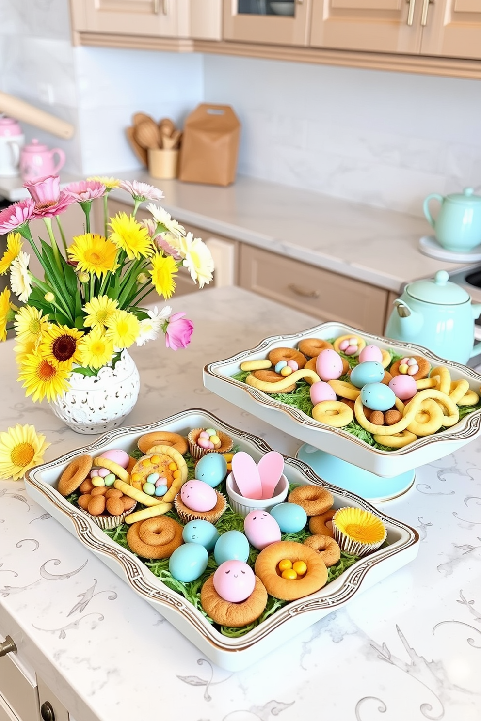 A beautifully arranged kitchen countertop featuring decorative trays filled with an assortment of seasonal snacks including colorful Easter-themed treats. The trays are surrounded by fresh flowers and pastel-colored kitchenware, creating a festive and inviting atmosphere.