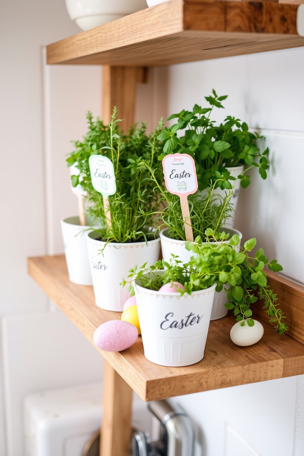 Potted herbs arranged on a rustic wooden shelf create a charming kitchen display. Each pot features a unique Easter-themed label, adding a festive touch to the greenery. Colorful Easter eggs are nestled among the pots, enhancing the seasonal decor. Soft pastel colors dominate the scene, creating a warm and inviting atmosphere in the kitchen.