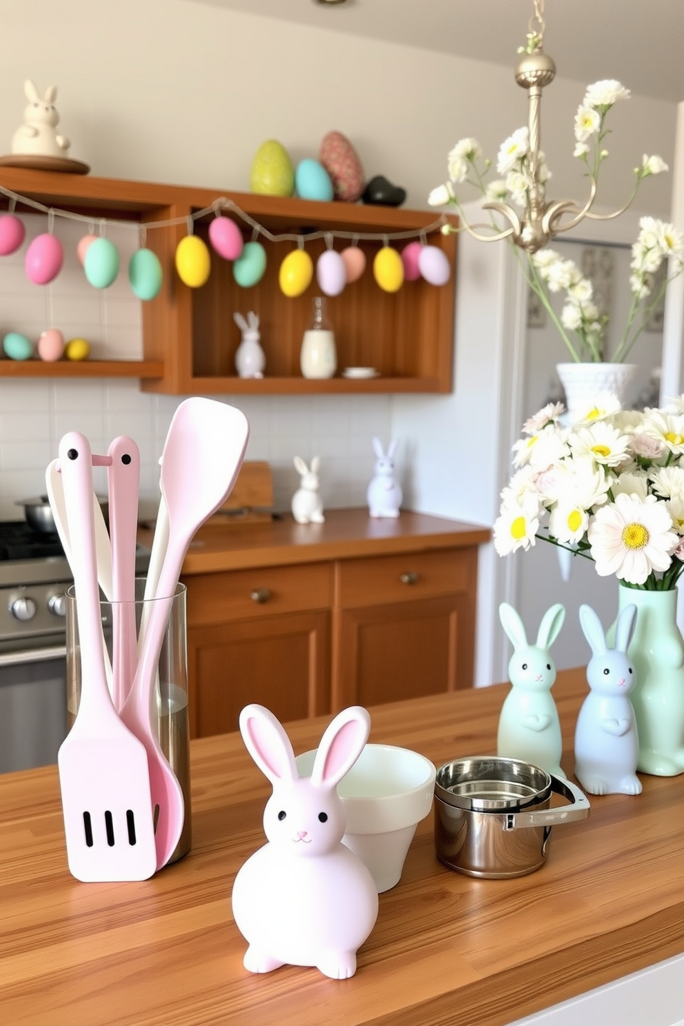 Decorative cake pops in pastel pink, yellow, and lavender colors are arranged on a white ceramic platter. The cake pops are adorned with colorful sprinkles and placed on a rustic wooden table surrounded by fresh flowers in matching hues. Easter-themed decorations adorn the kitchen with cheerful garlands made of paper eggs hanging from the cabinets. A vibrant tablecloth featuring bunny patterns covers the dining table, enhancing the festive atmosphere.