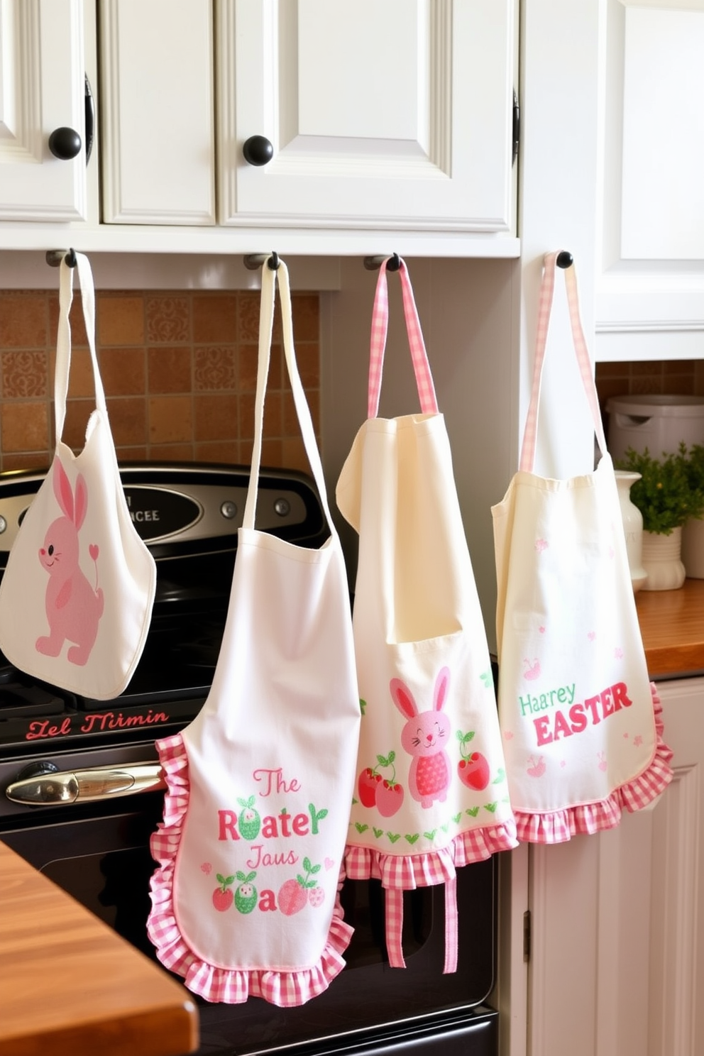 A charming kitchen scene featuring seasonal aprons hanging neatly near a vintage stove. The aprons display cheerful Easter designs with pastel colors and playful motifs, adding a festive touch to the space.