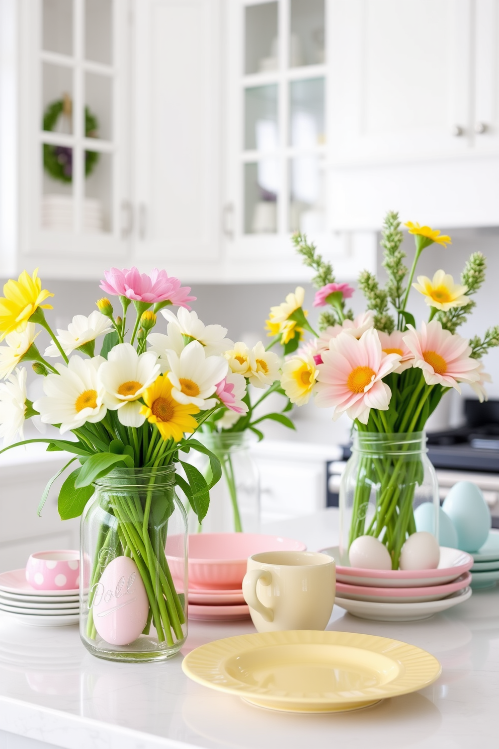 A bright and cheerful kitchen adorned with fresh spring flowers arranged in mason jars. The jars are placed on the countertop alongside pastel-colored dishware, creating a festive and inviting atmosphere for Easter celebrations.