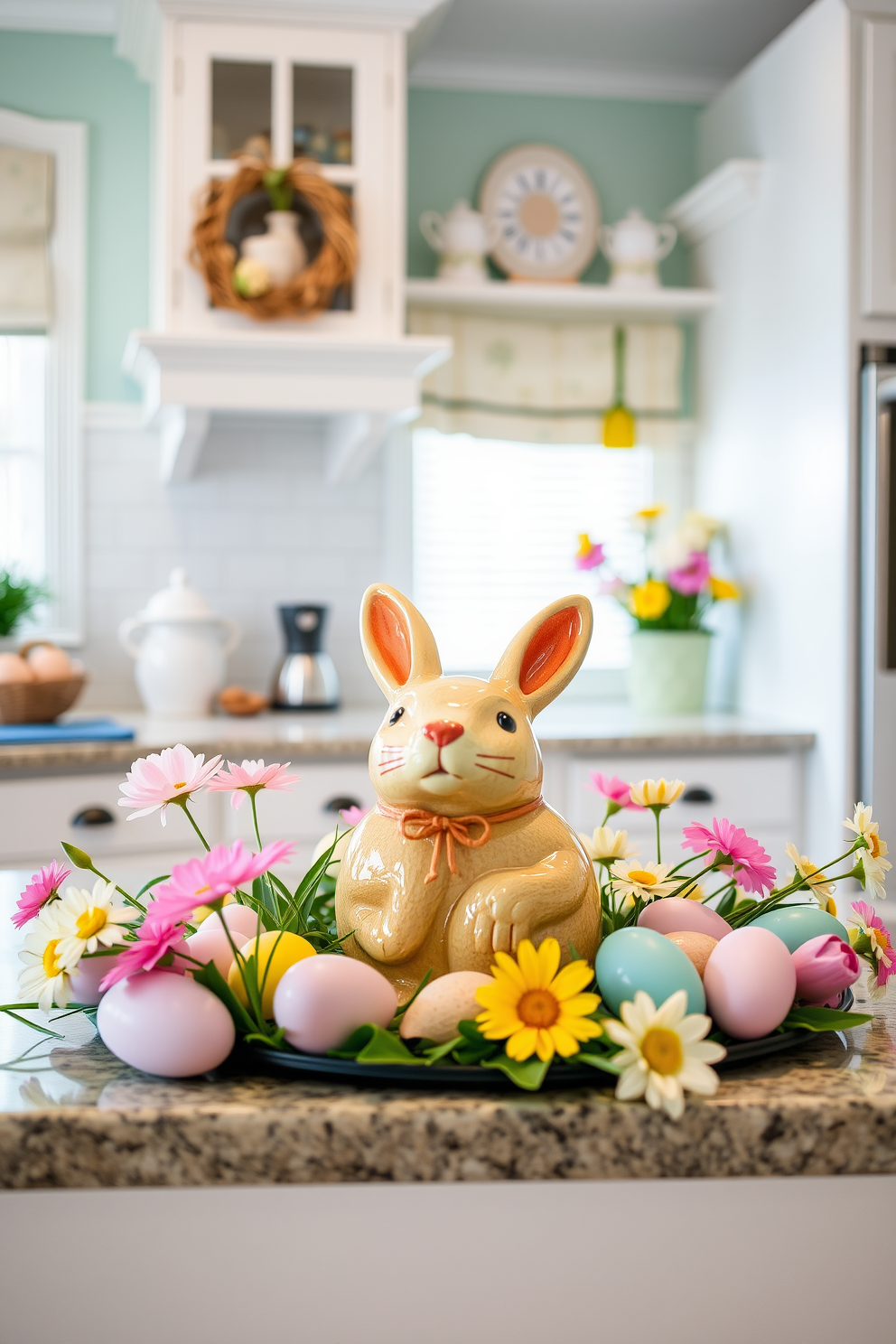 A charming kitchen decorated for Easter. The focal point is a delightful cookie jar shaped like a bunny, sitting on the countertop surrounded by pastel-colored eggs and spring flowers.