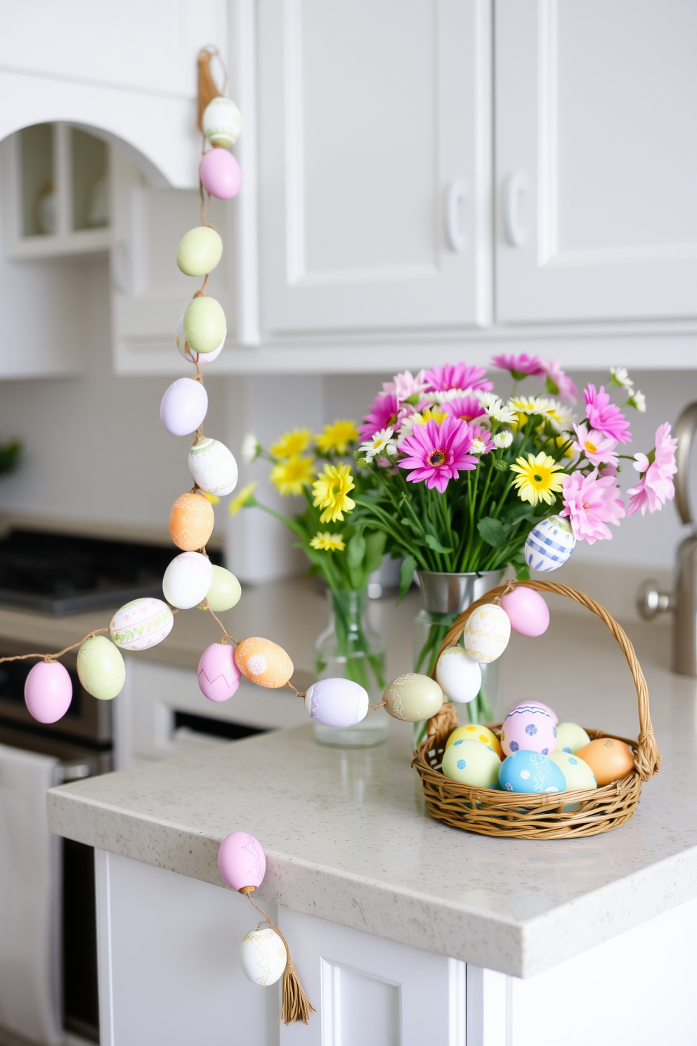 A charming kitchen counter adorned with a decorative egg garland that features pastel colors and intricate patterns. The garland gracefully drapes across the counter, complementing a vase of fresh spring flowers and a basket filled with colorful Easter eggs.