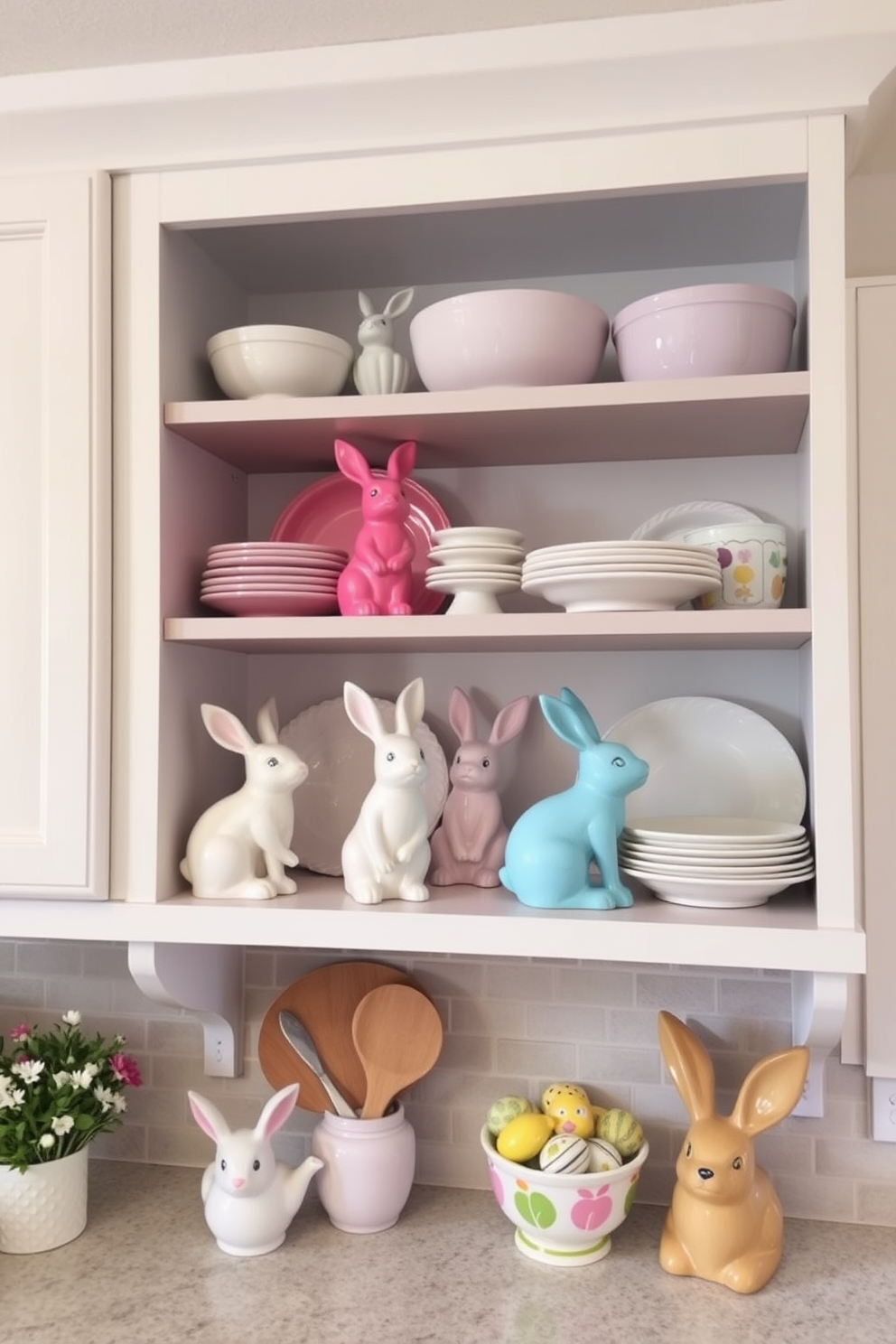 Colorful ceramic bunny figurines are artfully arranged on open shelves, bringing a playful and festive touch to the kitchen. The shelves are adorned with pastel-colored dishes and spring-themed decor, creating a cheerful atmosphere perfect for Easter celebrations.