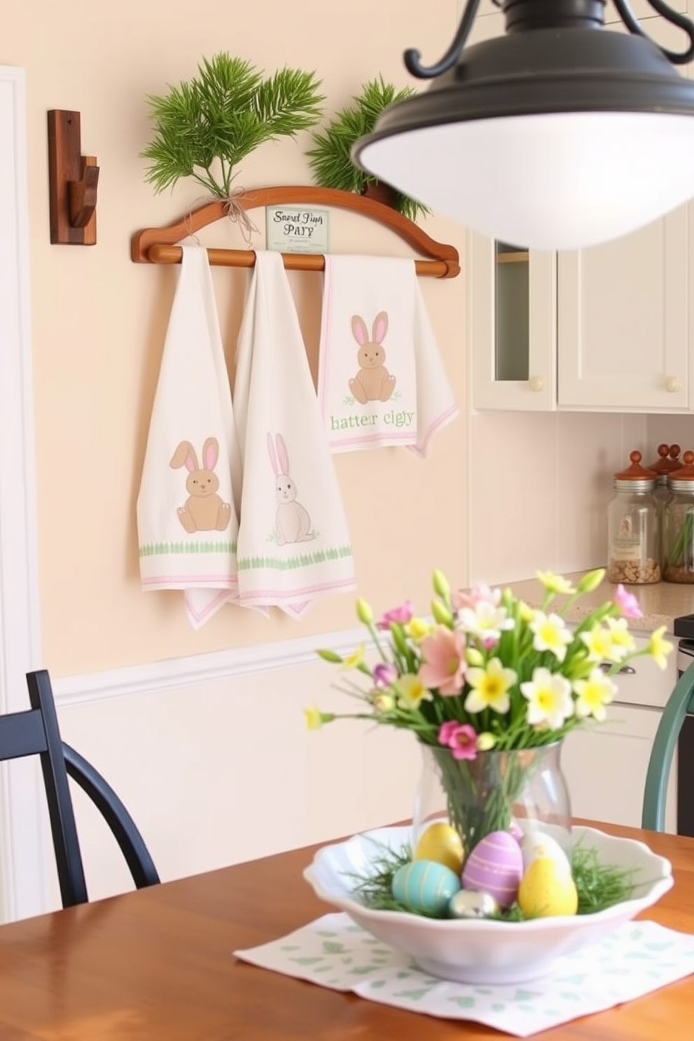 A charming kitchen adorned with Easter-themed dish towels elegantly hanging on a wooden rack. The walls are painted in a soft pastel color, and a festive centerpiece featuring colorful eggs and spring flowers sits on the table.