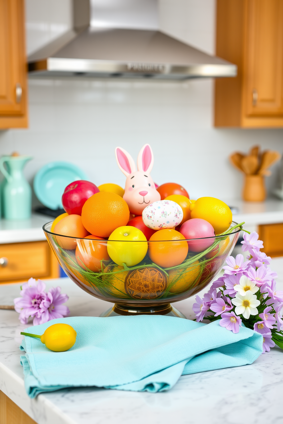 A vibrant fruit bowl filled with colorful Easter-themed fruits sits on a sunny kitchen countertop. The bowl features bright oranges, pink apples, and yellow lemons, creating a cheerful centerpiece for the festive season. Surrounding the bowl are pastel-colored kitchen accessories, including a teal dish towel and a lavender vase. Fresh flowers in soft hues complement the lively display, enhancing the overall Easter decor.