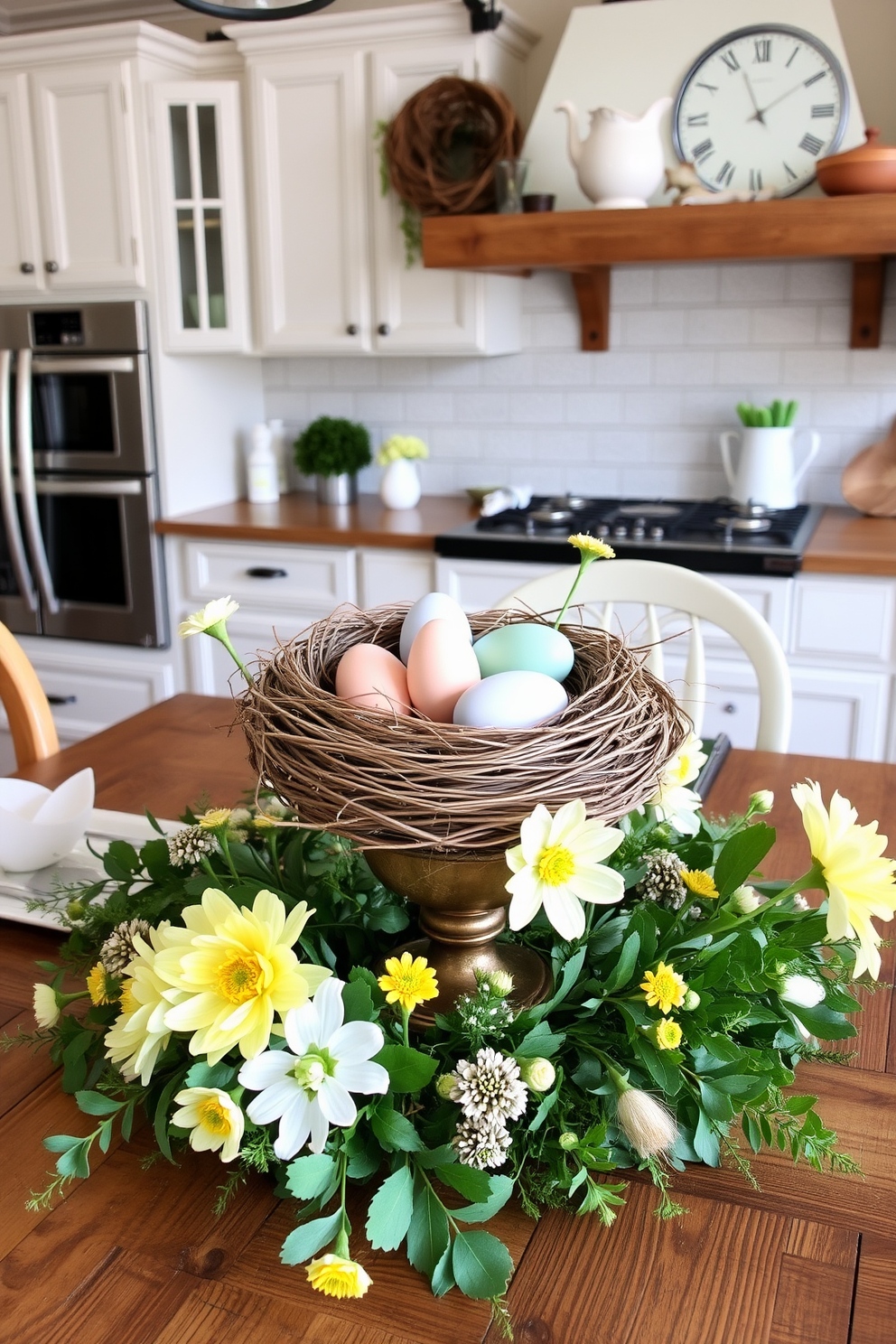 A charming kitchen adorned with vintage baskets filled with fresh fruits. The baskets are placed on a rustic wooden countertop, adding a touch of warmth and color to the space. Brightly colored Easter decorations are scattered throughout the kitchen. Hand-painted eggs and pastel-colored accents create a festive atmosphere, enhancing the overall cheerful vibe.