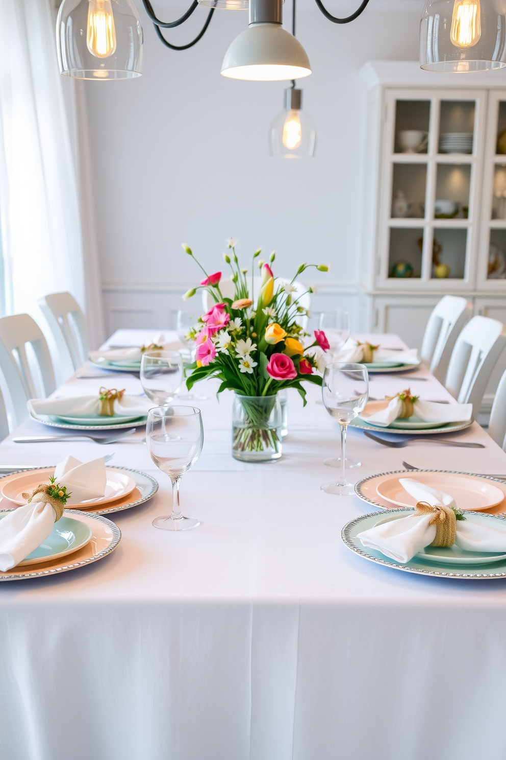 A charming table setting for Easter featuring a crisp white tablecloth adorned with pastel-colored plates and delicate floral centerpieces. Each place setting includes a bunny napkin ring holding a neatly folded napkin, adding a whimsical touch to the festive atmosphere. The table is complemented by soft, ambient lighting from hanging pendant lights, creating an inviting and warm environment. Fresh spring flowers in a vase at the center bring a burst of color, enhancing the cheerful Easter theme.