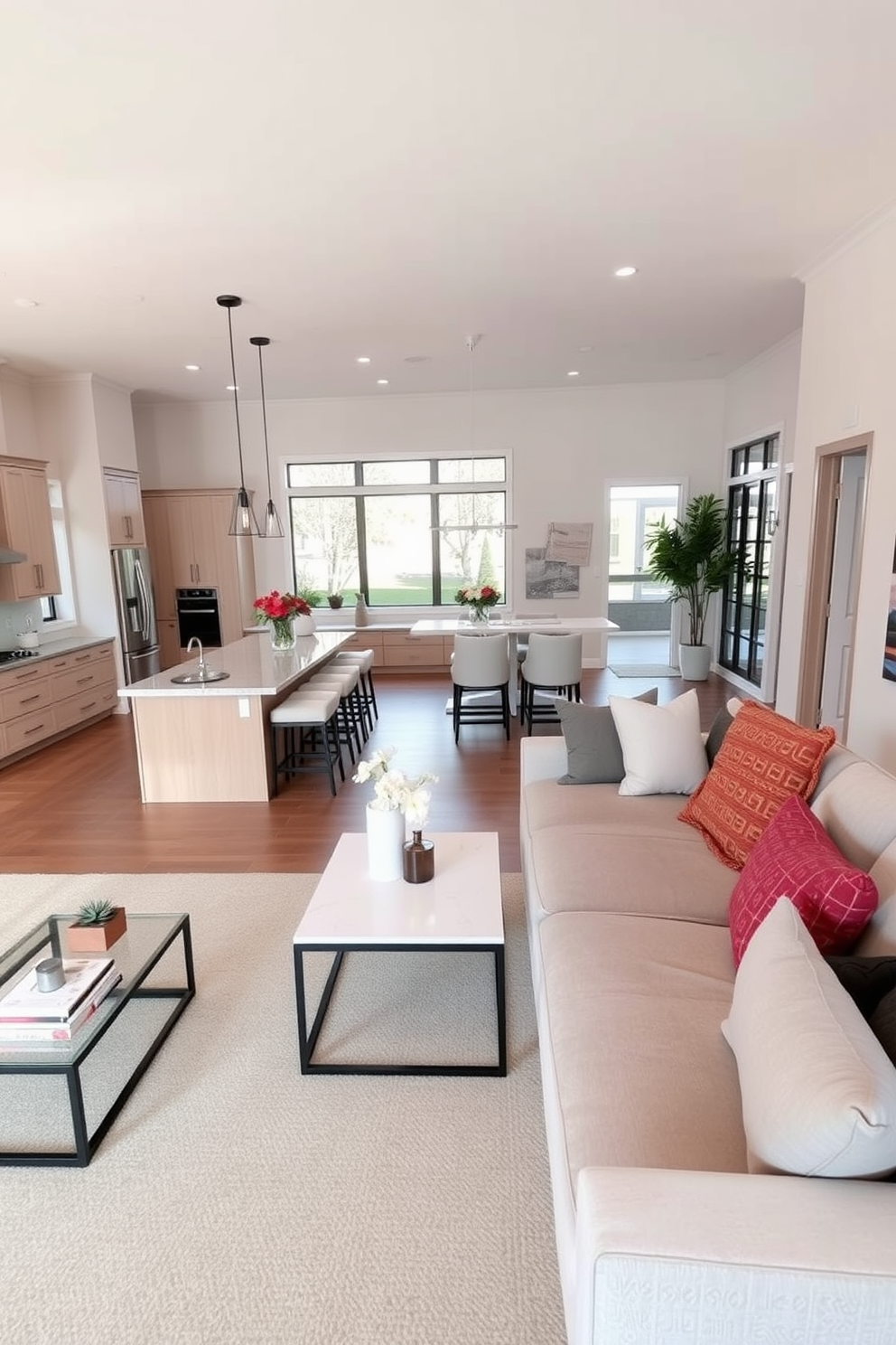 An open concept layout that seamlessly integrates the kitchen and family room. The kitchen features a large island with bar seating, while the family room boasts a cozy sectional sofa and a modern coffee table.