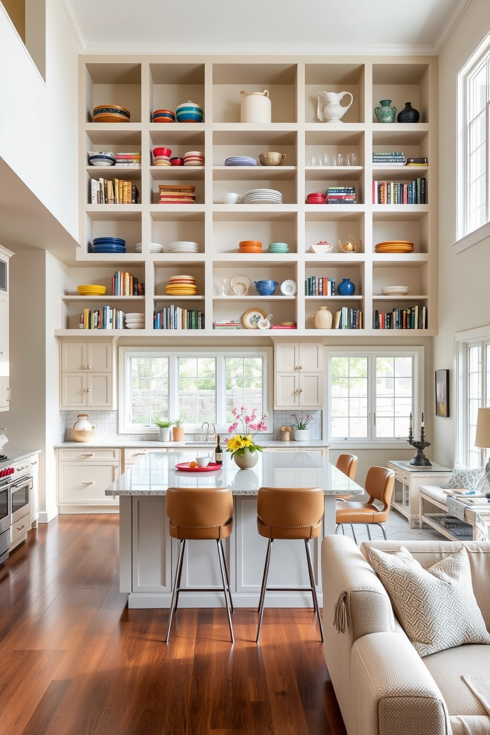 A warm and inviting kitchen family room combo features open shelving that showcases an array of colorful dishware and cookbooks. The space is designed with a large island at the center, complemented by stylish bar stools for casual dining and conversation. Natural light floods the area through large windows, highlighting the soft neutral tones of the cabinetry and walls. Cozy seating arrangements, including a plush sofa and armchairs, create a perfect spot for family gatherings and relaxation.