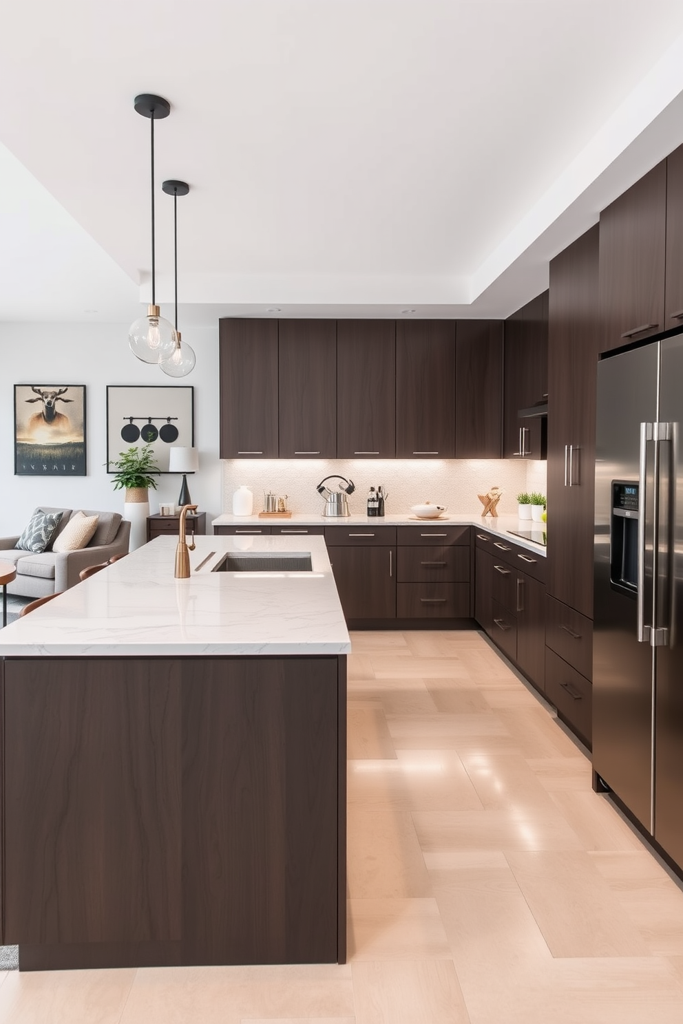 A spacious kitchen family room combo featuring a large window that floods the area with natural light. The kitchen includes an island with seating, sleek cabinetry, and modern appliances, while the family room is adorned with comfortable seating and a cozy fireplace.