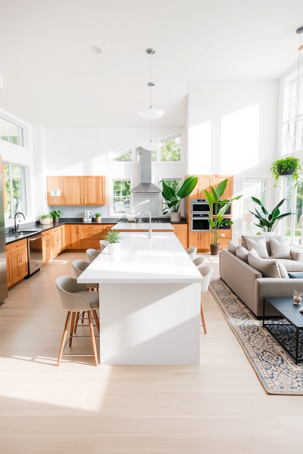 A bright and airy kitchen family room combo features an open layout with large windows allowing natural light to flood the space. The kitchen showcases a large island with a white quartz countertop surrounded by stylish bar stools, while the family room includes a cozy sectional sofa and a modern coffee table. Lush greenery is strategically placed throughout the area, including potted plants on the island and hanging planters near the windows. The walls are painted in a soft neutral tone, complementing the warm wooden cabinetry and the sleek stainless steel appliances.