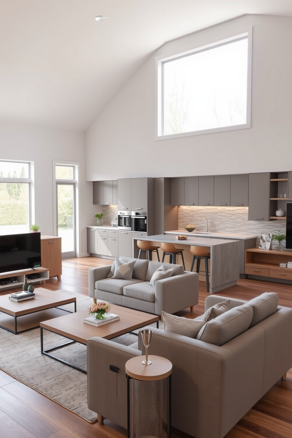 A spacious kitchen family room combo features a large central island with a reclaimed wood countertop and white shaker-style cabinets. The open layout includes a cozy seating area with a plush sectional sofa, accentuated by a rustic coffee table and warm, ambient lighting from pendant fixtures above the island. The walls are painted in a soft off-white hue, complemented by exposed wooden beams that add character to the space. A farmhouse sink sits beneath a window with a view, while decorative open shelving displays curated dishware and potted herbs for a touch of greenery.