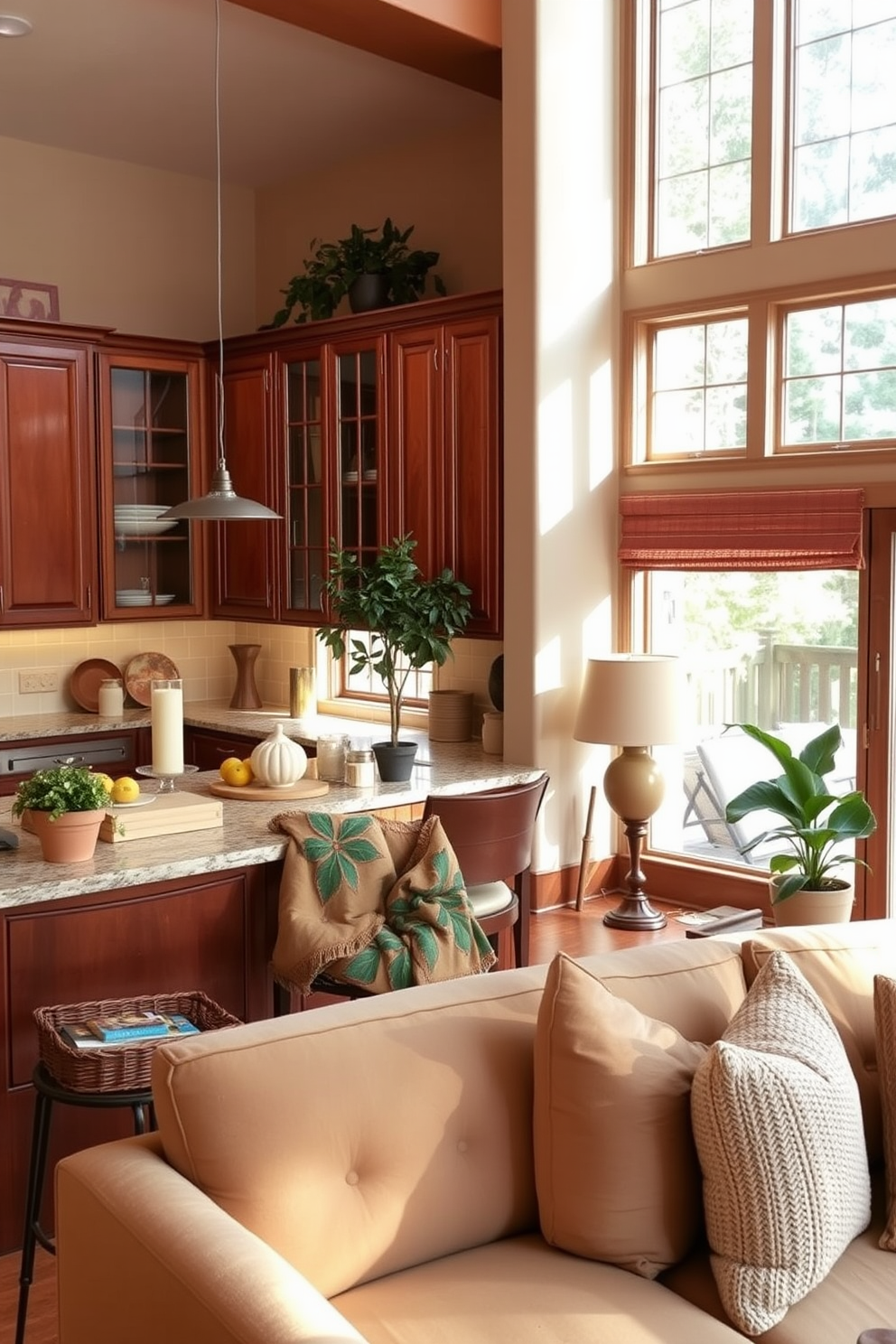 Neutral color palette for calm ambiance. The walls are painted in soft beige, complemented by light gray cabinetry and warm wood accents. The kitchen features a spacious island with white quartz countertops and modern pendant lighting. In the family room, a cozy sectional sofa in a muted tone faces a minimalist fireplace, creating a welcoming atmosphere.