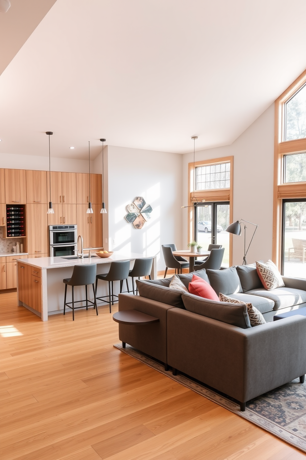 A stylish kitchen family room combo with an open layout. The kitchen features a large island with bar seating, modern appliances, and a built-in wine rack for entertaining guests. The family room is cozy and inviting, with a plush sectional sofa and a sleek coffee table. Large windows allow natural light to flood the space, highlighting the warm wood tones and soft color palette.