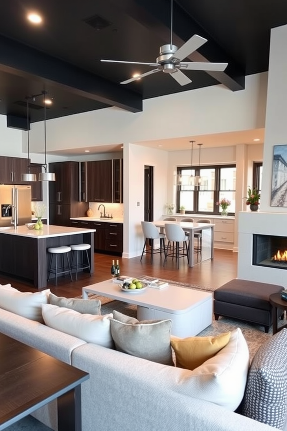 A stylish kitchen and family room combo featuring distinct zones for cooking and relaxing. The kitchen area showcases a large island with bar seating, sleek cabinetry, and modern appliances, while the family room is adorned with a cozy sectional sofa and a coffee table centered around a fireplace.