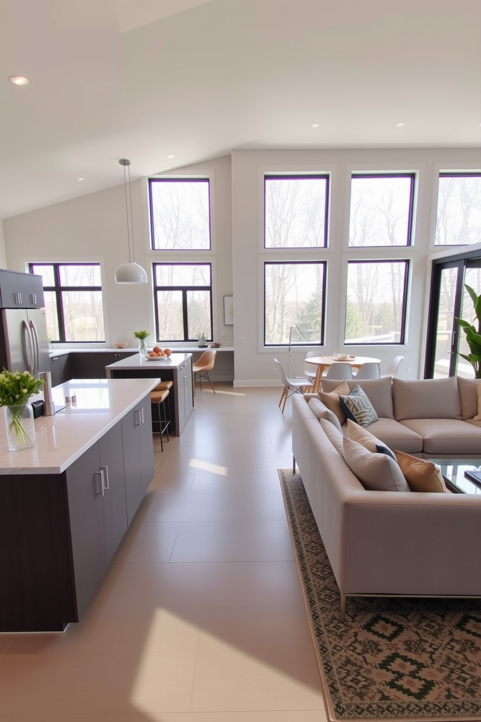 A spacious kitchen family room combo with large windows allowing ample natural light to flood the space. The kitchen features an island with bar seating and sleek cabinetry, while the family room boasts a cozy sectional sofa and a modern coffee table.