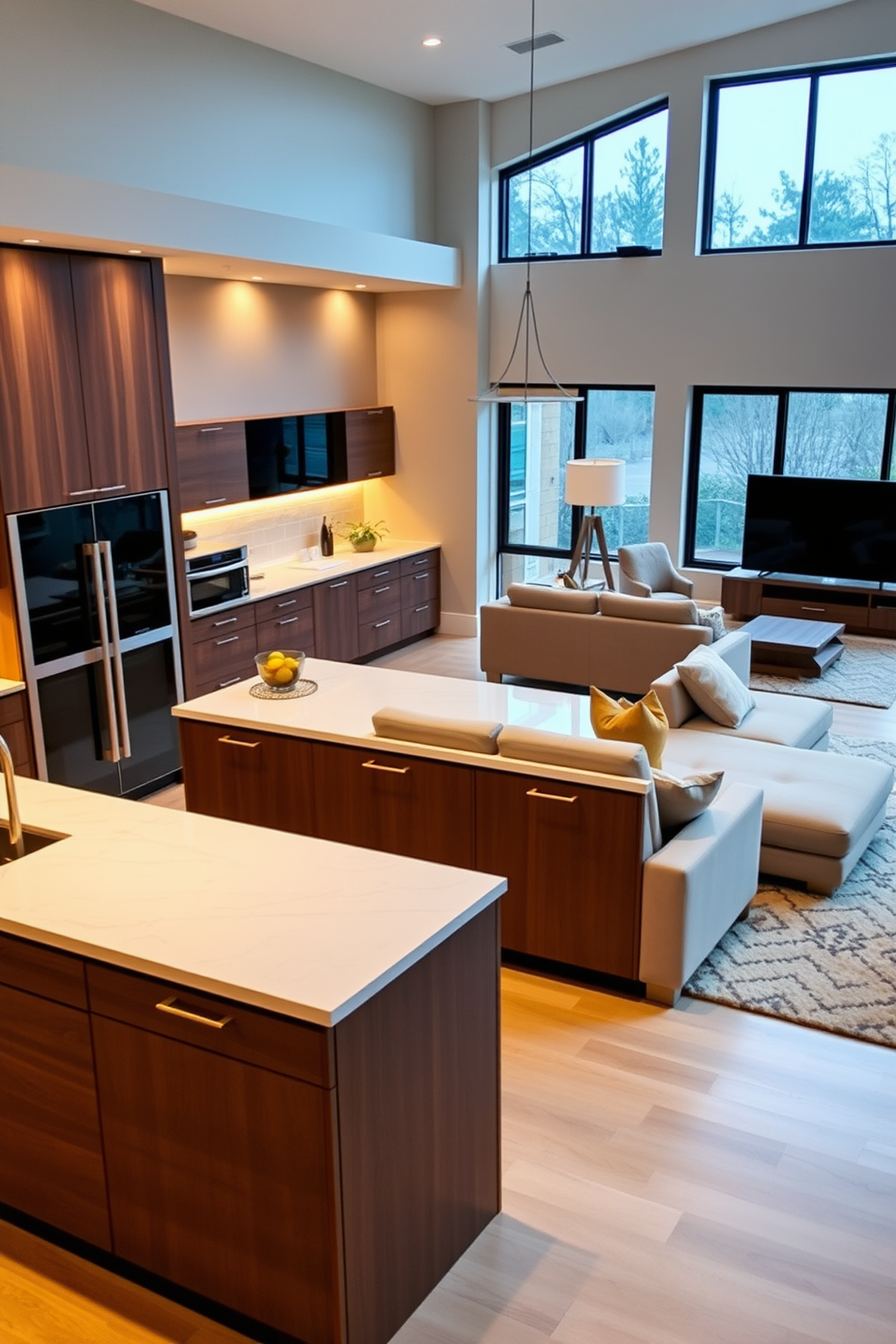 A sleek kitchen family room combo featuring a monochromatic color scheme with shades of gray. The kitchen has modern cabinetry with a matte finish, and a large island with bar seating that seamlessly flows into the family room area. In the family room, a plush gray sectional sofa is positioned around a minimalist coffee table. Large windows allow natural light to fill the space, highlighting the textured gray area rug beneath.