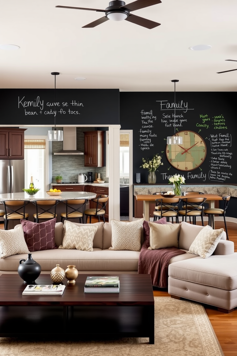 A modern kitchen family room combo featuring a chalkboard wall for family notes. The kitchen includes an island with bar stools and stainless steel appliances, while the family room has a cozy sectional sofa and a large coffee table.