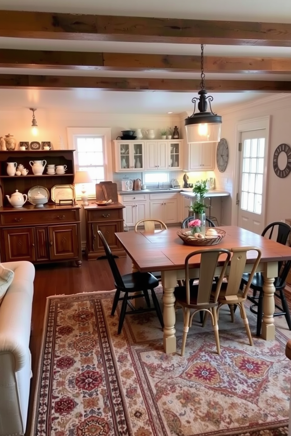 A cozy kitchen family room combo that exudes charm and warmth. The space features vintage accents such as a reclaimed wood dining table surrounded by mismatched chairs and an antique sideboard filled with decorative dishware. Soft, ambient lighting from vintage pendant lamps casts a warm glow over the area. A plush area rug with intricate patterns anchors the seating arrangement, creating an inviting atmosphere for family gatherings.