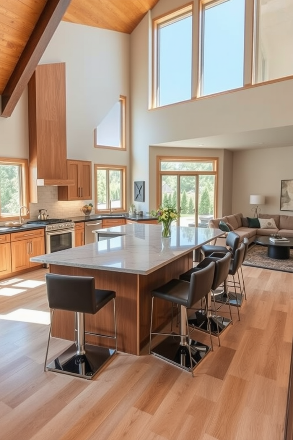 A spacious kitchen featuring a large central island with ample seating for family and friends. The island is topped with a beautiful quartz countertop, surrounded by modern bar stools in a sleek design. The kitchen seamlessly flows into the family room, creating an open-concept space perfect for entertaining. Large windows allow natural light to flood the area, highlighting the warm wood cabinetry and stylish backsplash.