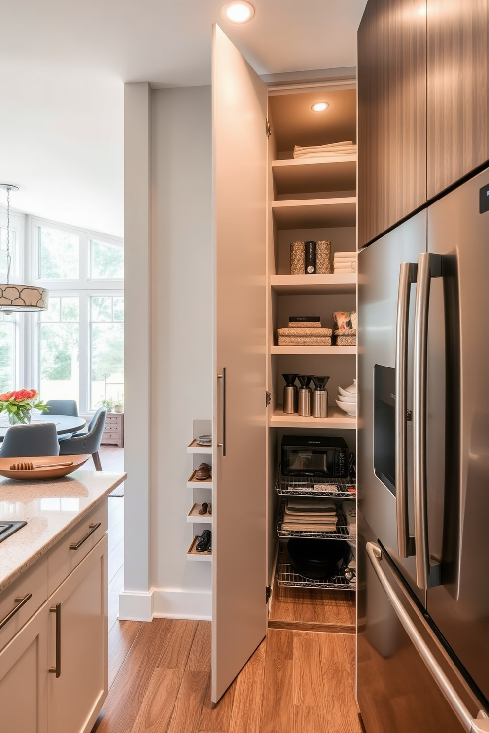 A hidden pantry with sleek cabinetry seamlessly integrated into the kitchen design. The pantry features pull-out shelves and organized storage solutions to maximize space and maintain a clutter-free environment. The kitchen and family room combo creates a warm and inviting atmosphere for family gatherings. Large windows allow natural light to flood the space, highlighting the modern appliances and stylish furnishings.