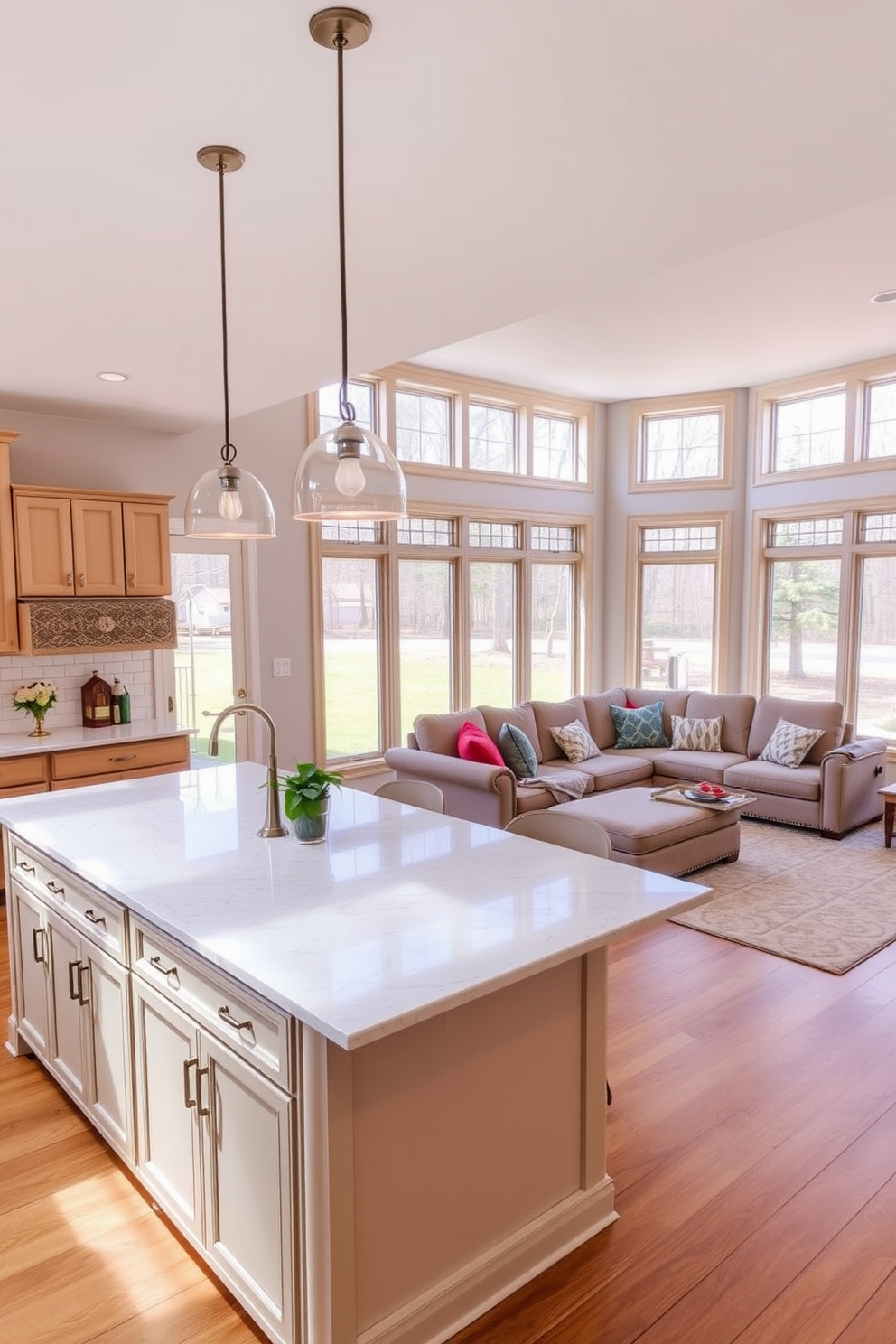 A warm and inviting kitchen family room combo features an open layout with a large island at the center, topped with a beautiful quartz countertop. Pendant lighting hangs gracefully above the island, adding a touch of elegance while providing ample illumination for cooking and entertaining. The family room is adorned with a cozy sectional sofa in a neutral tone, complemented by colorful throw pillows and a stylish area rug. Large windows allow natural light to flood the space, creating a bright and airy atmosphere perfect for family gatherings.