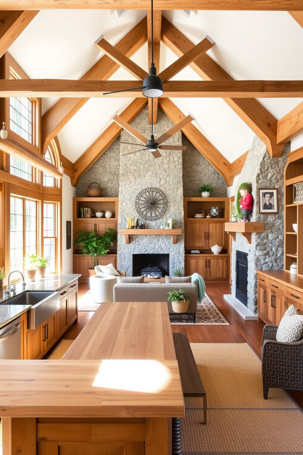 A cozy kitchen family room combo featuring exposed wooden beams and a stone fireplace as the focal point. The kitchen has a large farmhouse sink and a wooden island topped with a butcher block, surrounded by comfortable seating for family gatherings. Natural light floods the space through large windows, illuminating the warm tones of the reclaimed wood cabinetry and open shelving. Soft, earthy colors dominate the decor, with woven textures and potted plants adding a touch of nature to the inviting atmosphere.