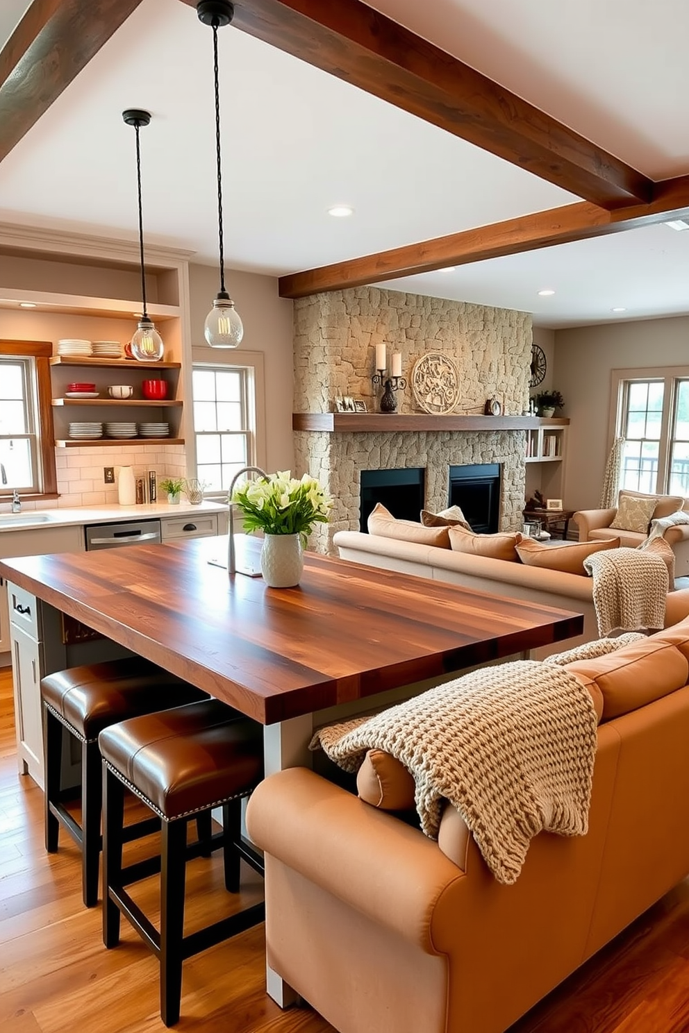 A cozy kitchen family room combo with a large island featuring a rustic wooden countertop. The space is adorned with soft leather bar stools and open shelving displaying colorful dishware. The family room area includes a plush sectional sofa in a warm neutral tone, complemented by a chunky knit throw blanket. A stone fireplace serves as a focal point, enhancing the inviting atmosphere of the space.