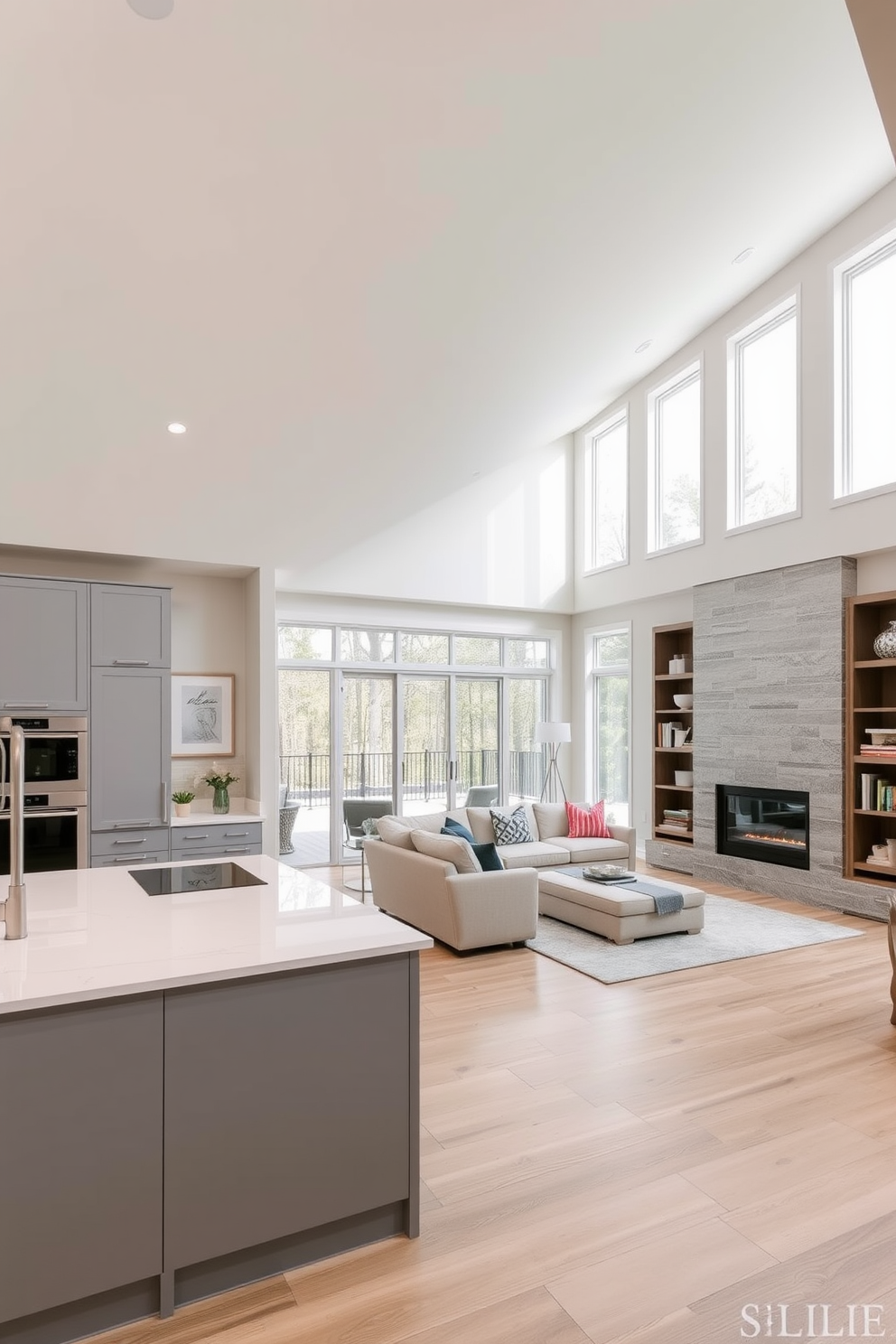 A modern kitchen family room combo featuring an open layout with a large island at the center. The kitchen has sleek cabinetry in a soft gray color, complemented by white quartz countertops and stainless steel appliances. The family room includes a cozy sectional sofa facing a contemporary fireplace with built-in shelving on either side for storage and display. Large windows allow natural light to flood the space, enhancing the warm and inviting atmosphere.