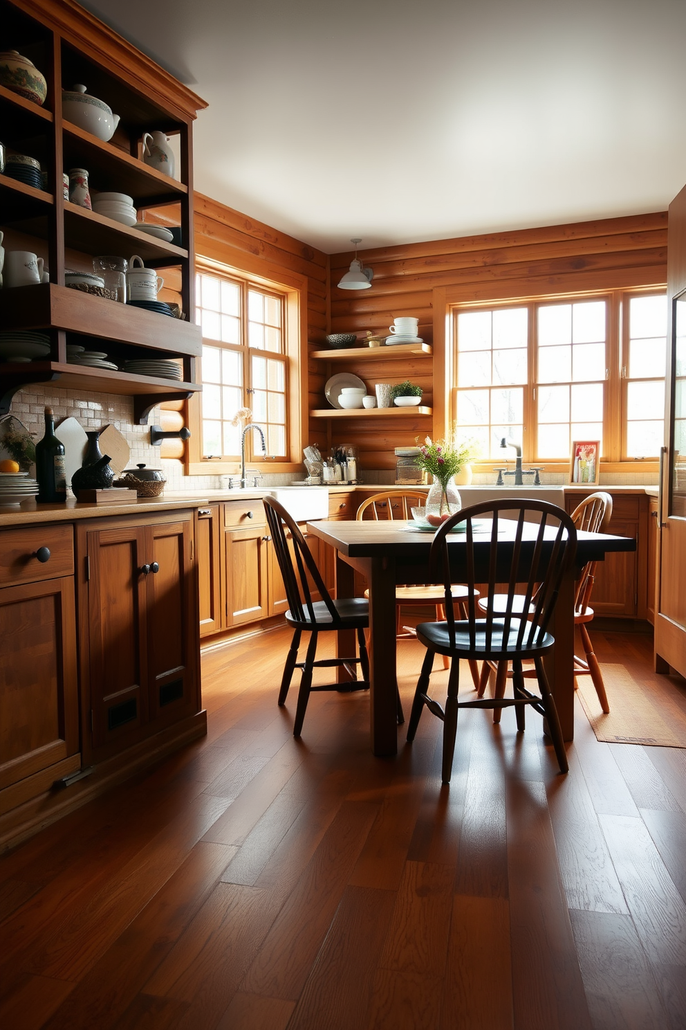 A cozy kitchen setting featuring wooden planks with a rustic finish that adds warmth and character to the space. The floor is complemented by a charming farmhouse table surrounded by mismatched chairs, creating an inviting atmosphere for family gatherings.