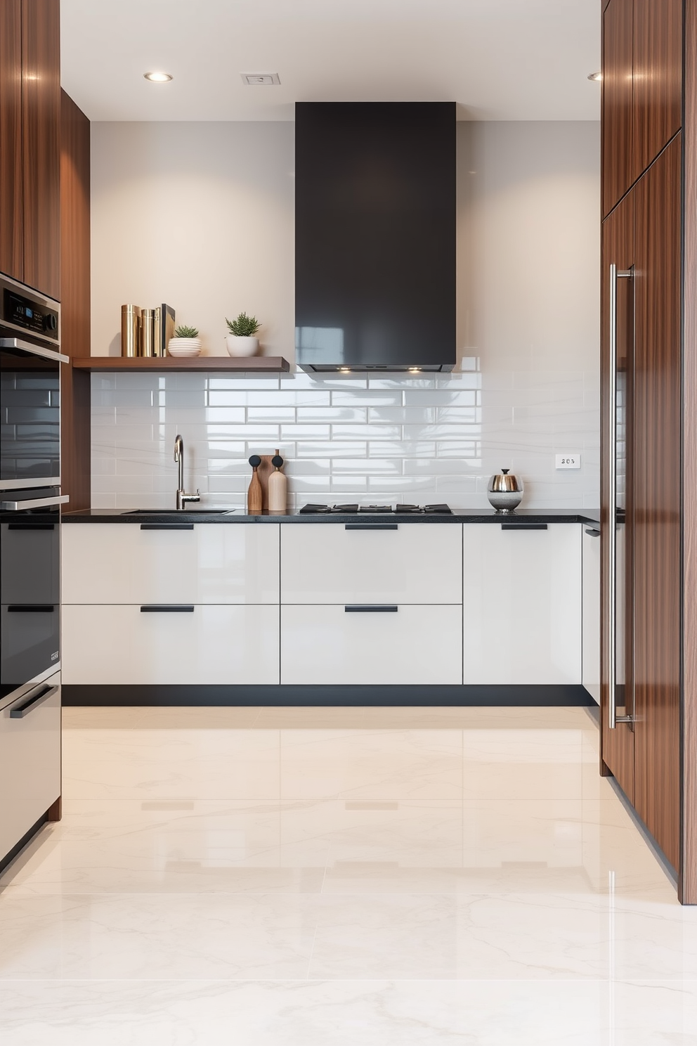 A modern kitchen featuring glossy ceramic tiles that reflect light beautifully. The floor design incorporates a seamless blend of neutral tones, enhancing the overall sleek finish of the space.