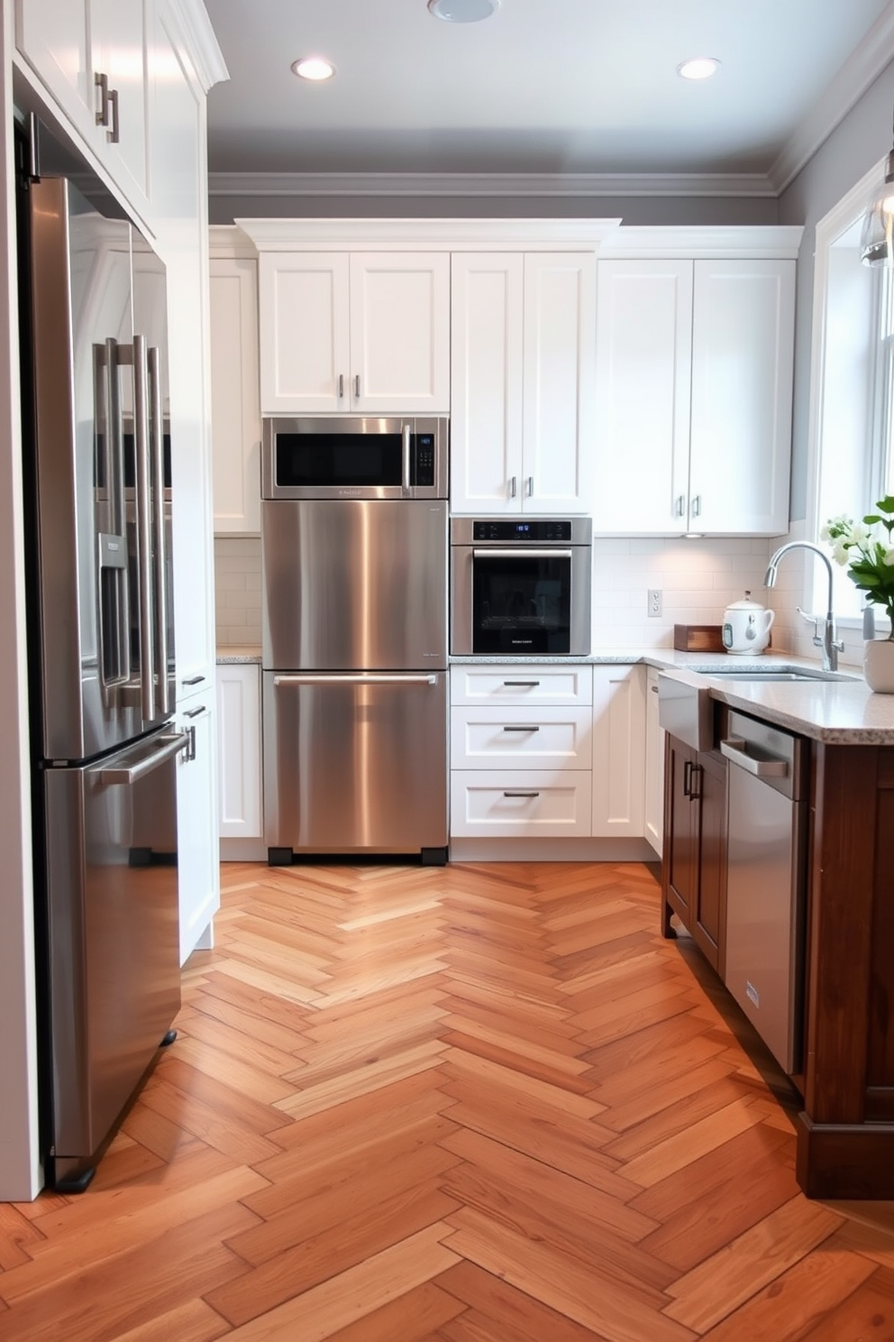 A stylish kitchen featuring herringbone pattern flooring that adds depth and texture to the space. The warm wood tones of the flooring complement the sleek white cabinetry and modern stainless steel appliances.