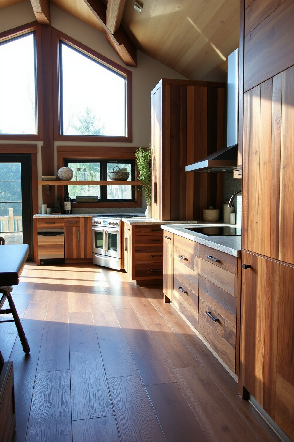 A kitchen featuring reclaimed wood cabinets that showcase the natural grain and texture. The flooring is a mix of wide planks and herringbone patterns, creating a warm and inviting atmosphere. The countertops are made of recycled materials that complement the rustic wood elements. Large windows allow natural light to flood the space, highlighting the eco-friendly design choices.