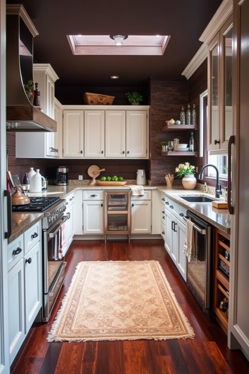 A cozy kitchen ambiance is created with dark hardwood flooring that adds warmth and richness to the space. The rich tones of the wood complement light cabinetry and bright countertops, creating a balanced aesthetic. Consider incorporating area rugs to define spaces within the kitchen while adding texture and comfort underfoot. The combination of dark hardwood with carefully chosen decor elements enhances the overall inviting feel of the kitchen.