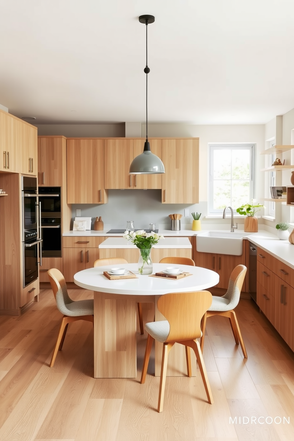 A bright and airy kitchen with light oak cabinetry that enhances the open space. The countertops are a sleek white quartz, complementing the natural wood tones and creating a fresh atmosphere. The flooring features wide planks of light oak that seamlessly flow throughout the kitchen. Accentuate the design with a cozy dining area that includes a round wooden table and soft, upholstered chairs.