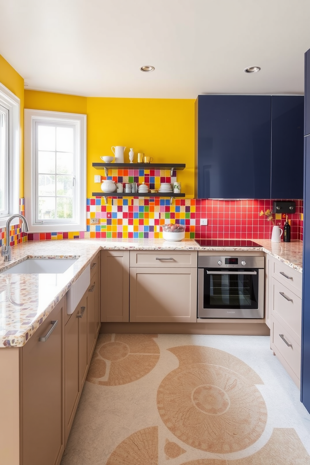 A vibrant kitchen featuring colorful mosaic tiles that add an artistic touch to the space. The walls are adorned with complementary colors that enhance the overall aesthetic while providing a cheerful atmosphere. The kitchen island showcases a unique mosaic pattern on the countertop, creating a focal point for gatherings. Sleek cabinetry in a neutral tone balances the vibrant mosaics, ensuring a harmonious design.