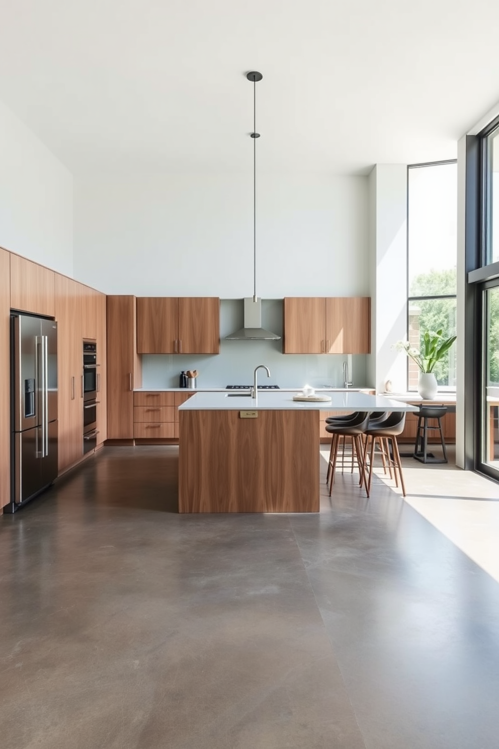 A sleek minimalist kitchen featuring stained concrete flooring that seamlessly blends with the overall design. The open layout showcases modern cabinetry with clean lines and a large central island for cooking and entertaining. Natural light floods the space through large windows, highlighting the unique texture of the stained concrete. Complementing the flooring, stainless steel appliances and minimalist decor create an inviting yet sophisticated atmosphere.