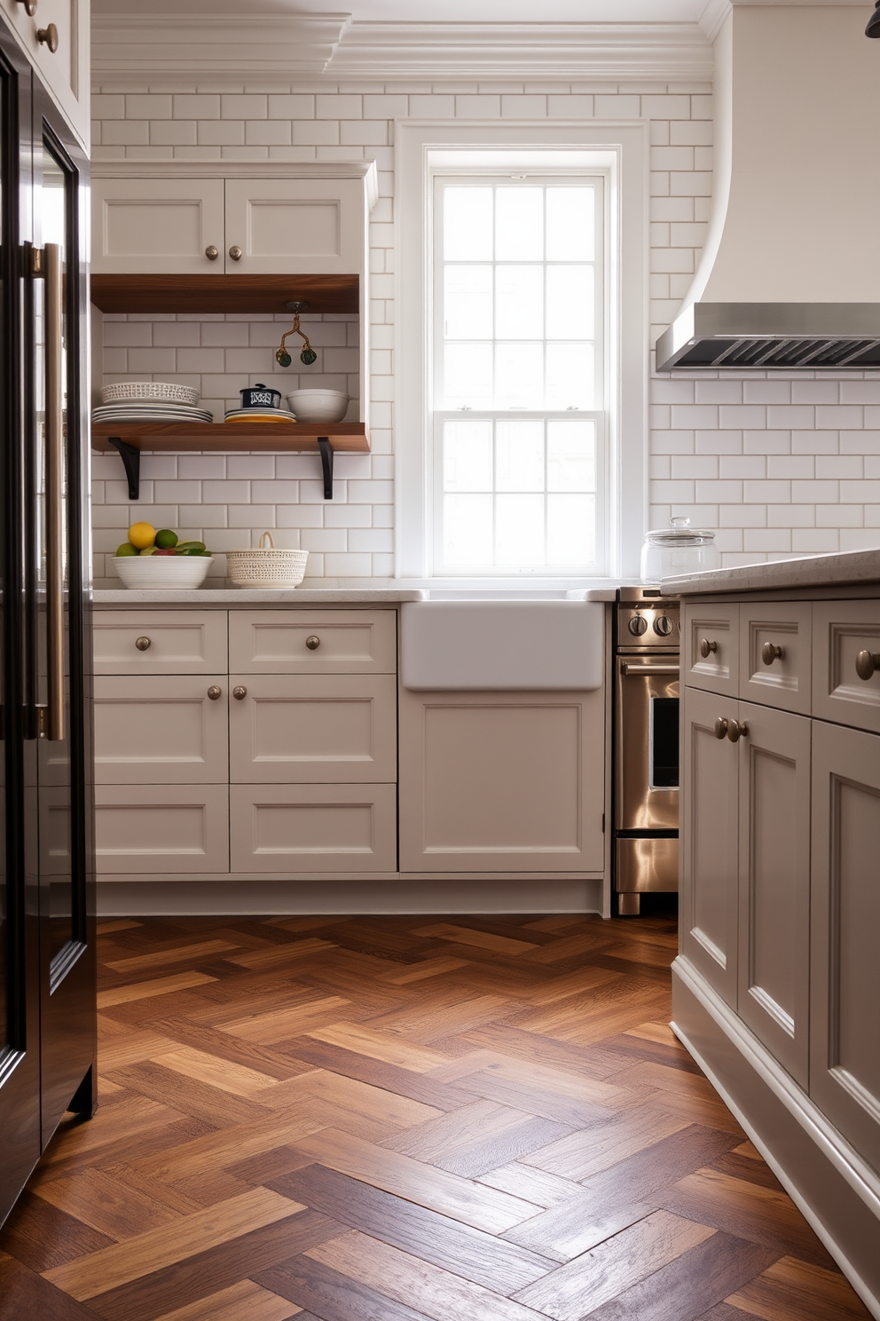 A kitchen featuring classic elegance with subway tiles on the walls. The floor is adorned with a herringbone pattern in rich wood tones, creating a warm and inviting atmosphere.